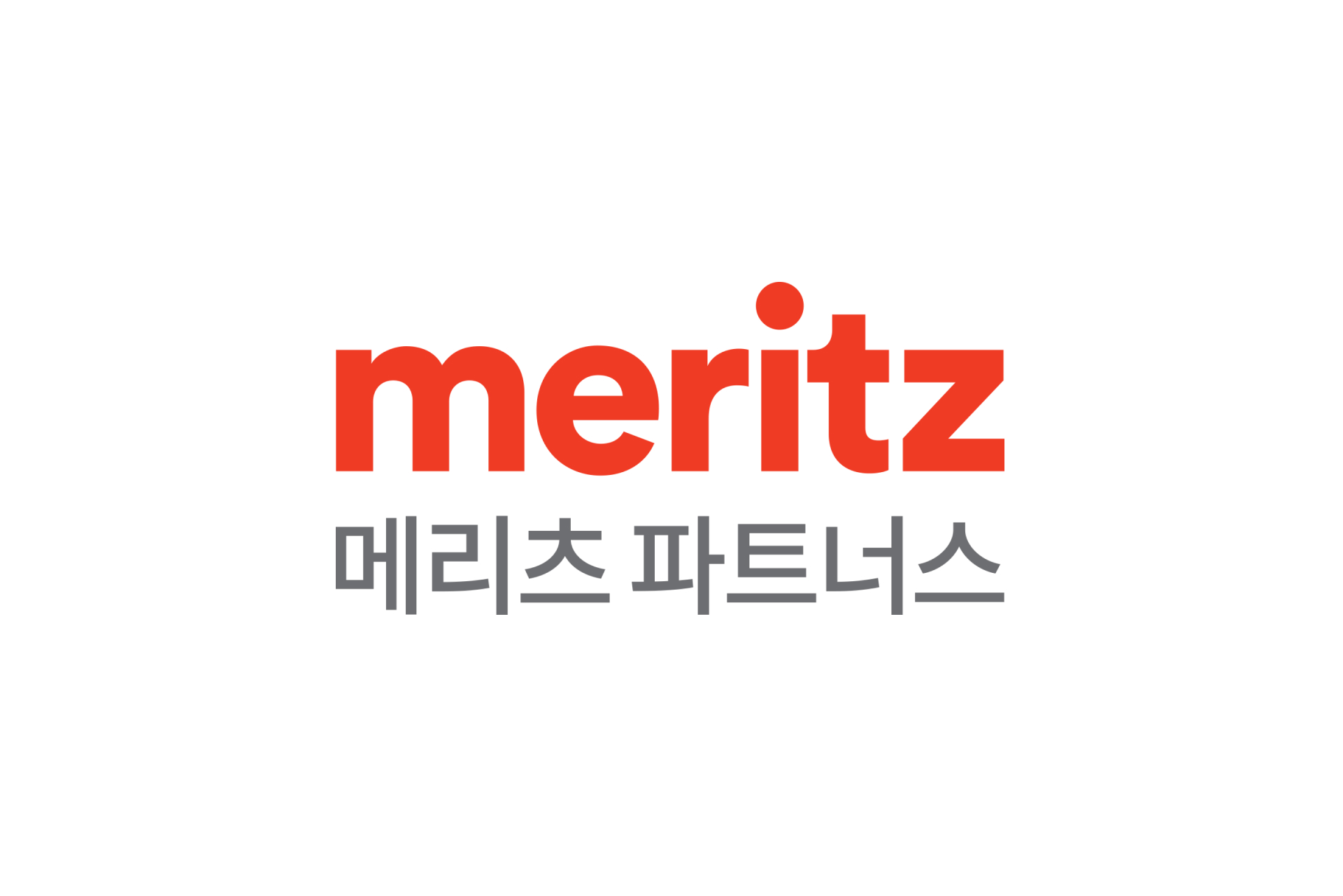 빨간색 영문 로고 meritz와 회색 한글 글꼴 메리츠 파트너스가 배치된 공식 텍스트 로고